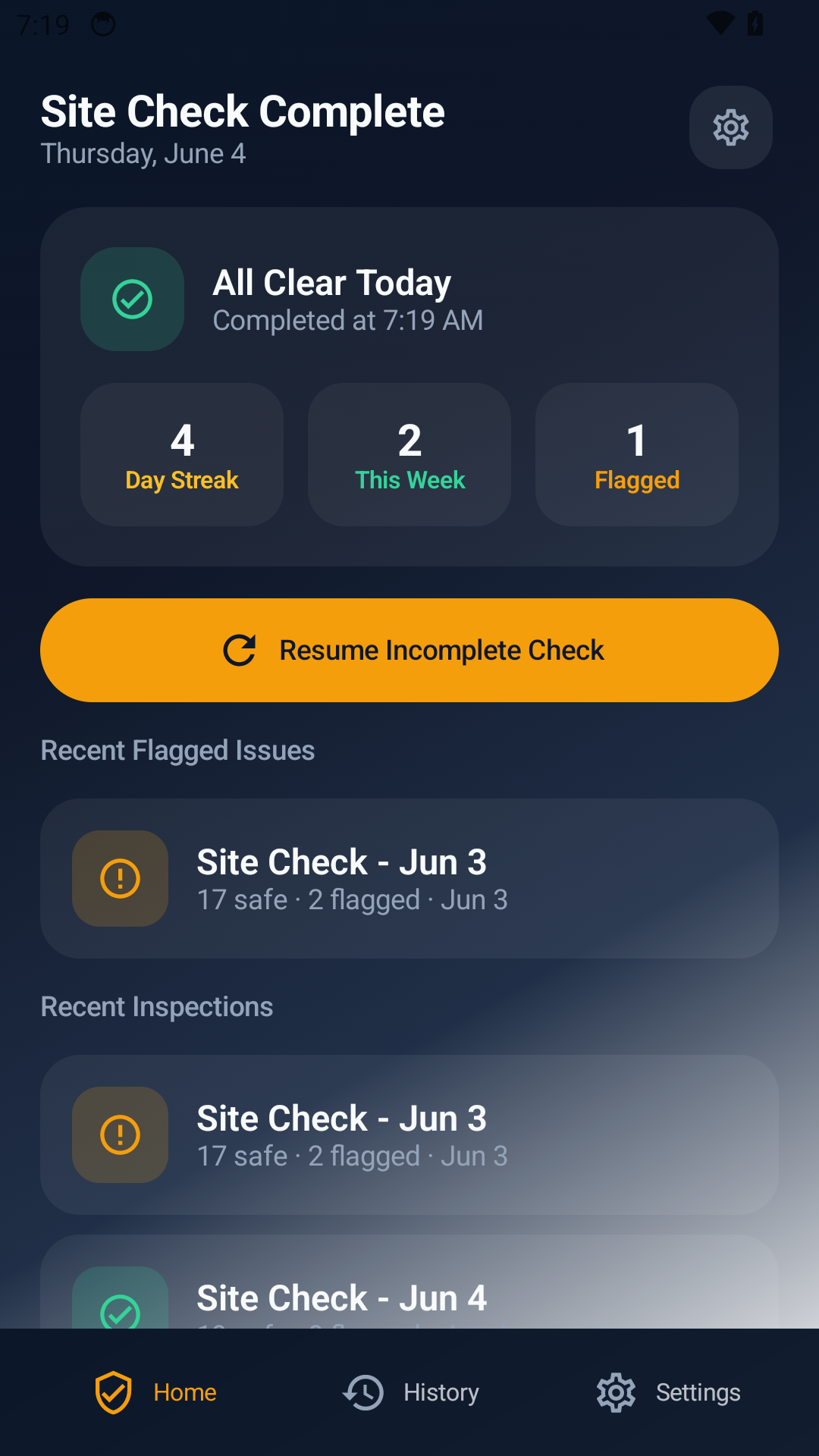 Site check complete screen