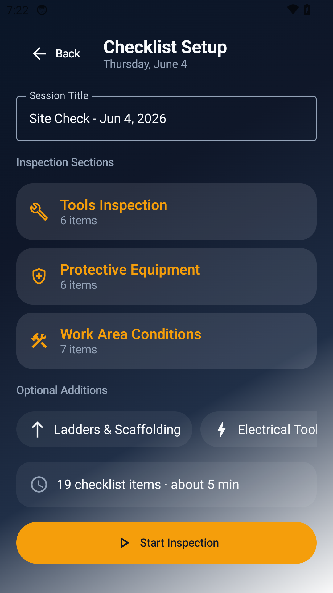 Checklist setup screen