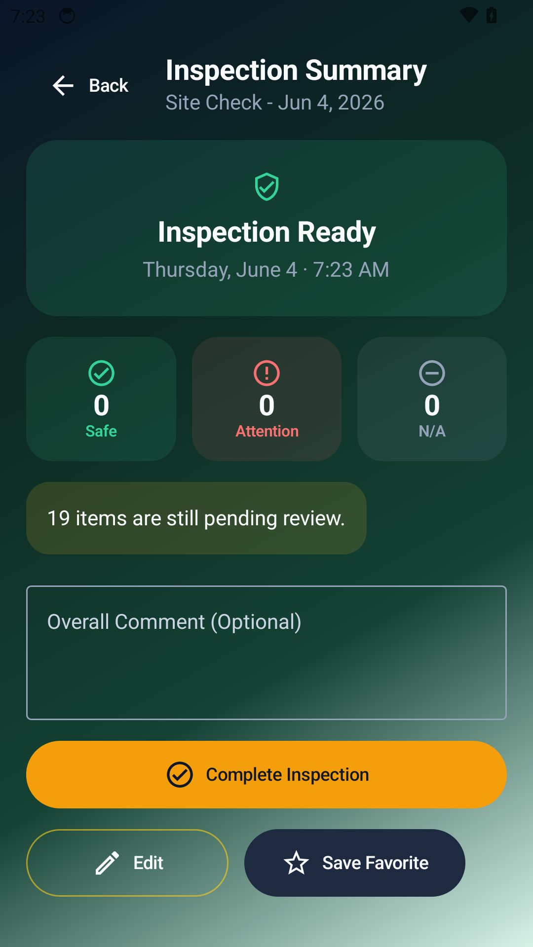 Inspection summary screen