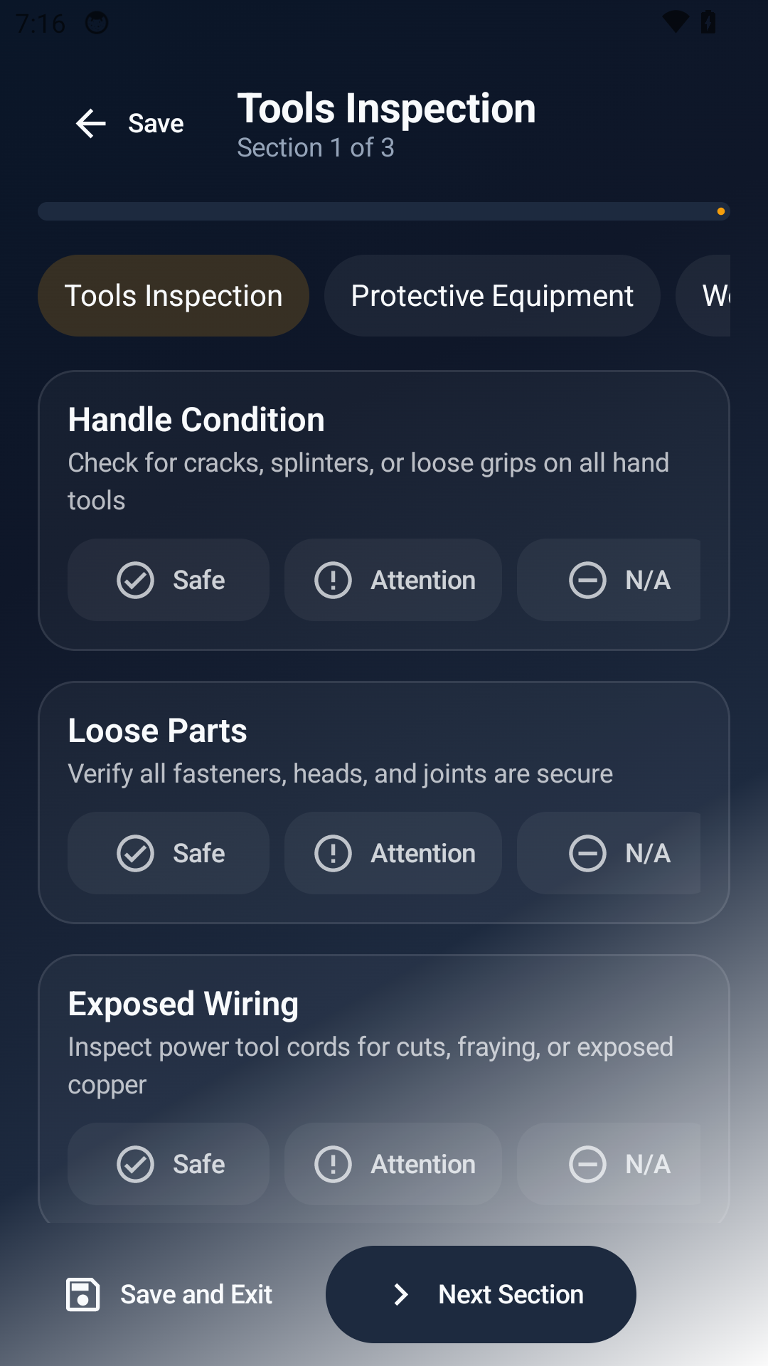Tools inspection screen